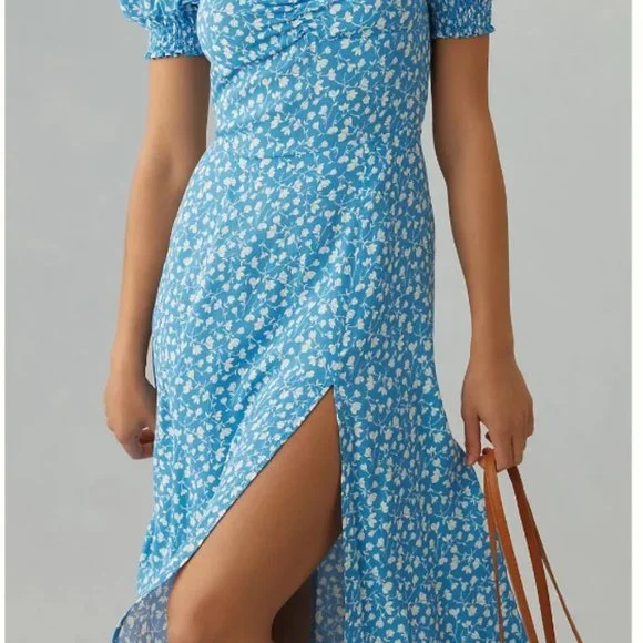 Reformation Lacey Dress Marie Blue White Floral Midi Floral 10 slit cap smock ml - Picture 10 of 12